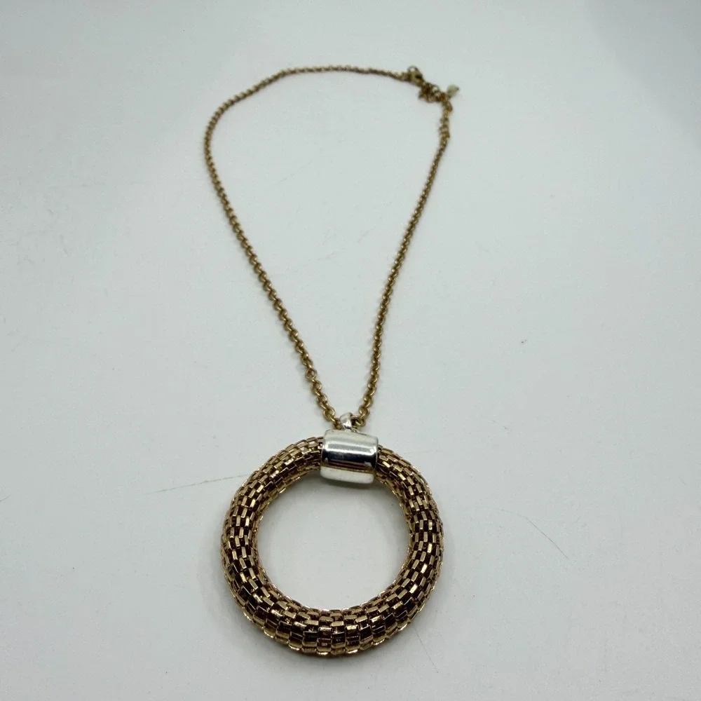 SHB Mesh Circle Pendant Necklace Gold Tone Textured Statement Layering Boho Gift